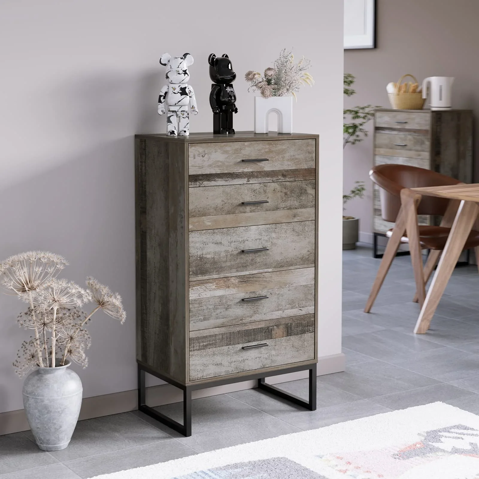 Homfa Tall Nightstand. 5 Drawer Dresser with Wide Storage Space. Narrow Bedside Table for Living Room. Dark Oak
