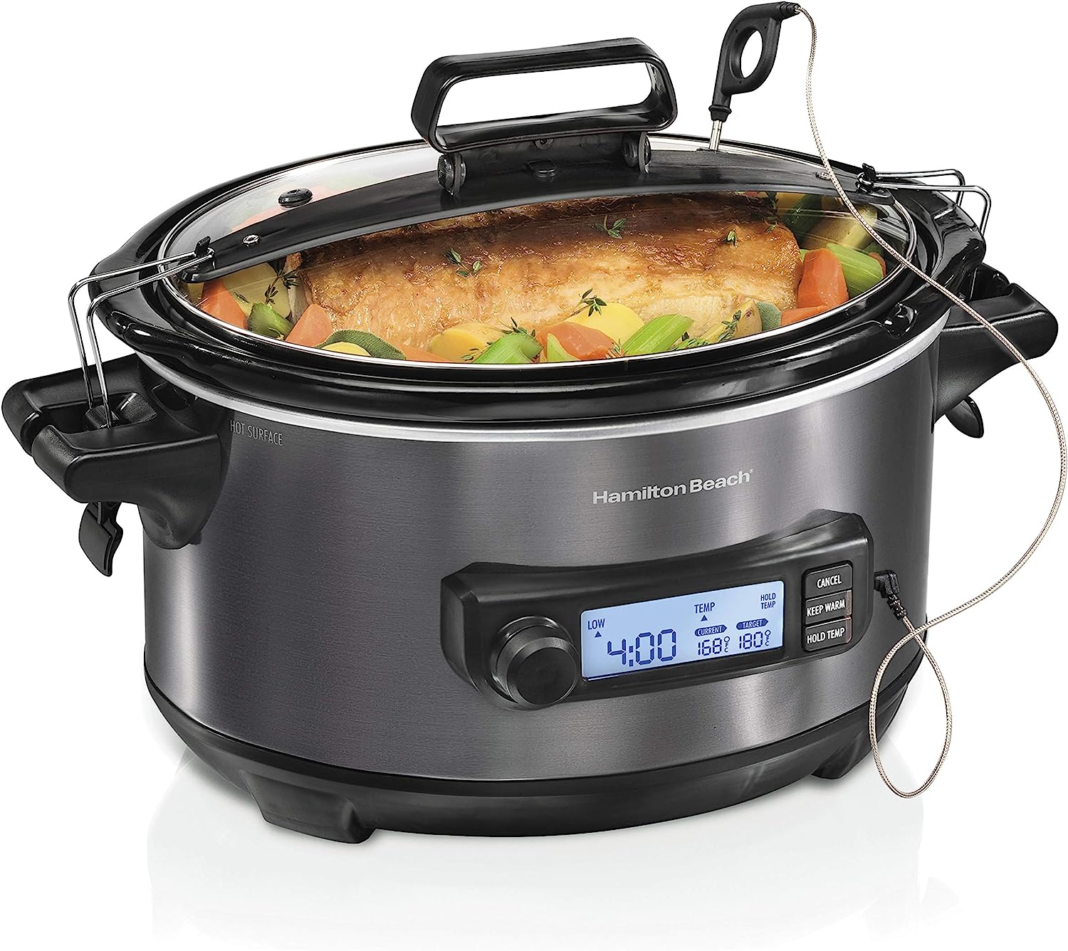 Hamilton Beach Portable 6 Quart Set & Forget Digital Programmable Slow Cooker with Lid Lock. Temperature Probe. Dishwasher Safe Crock & Lid. Black Stainless (33866)