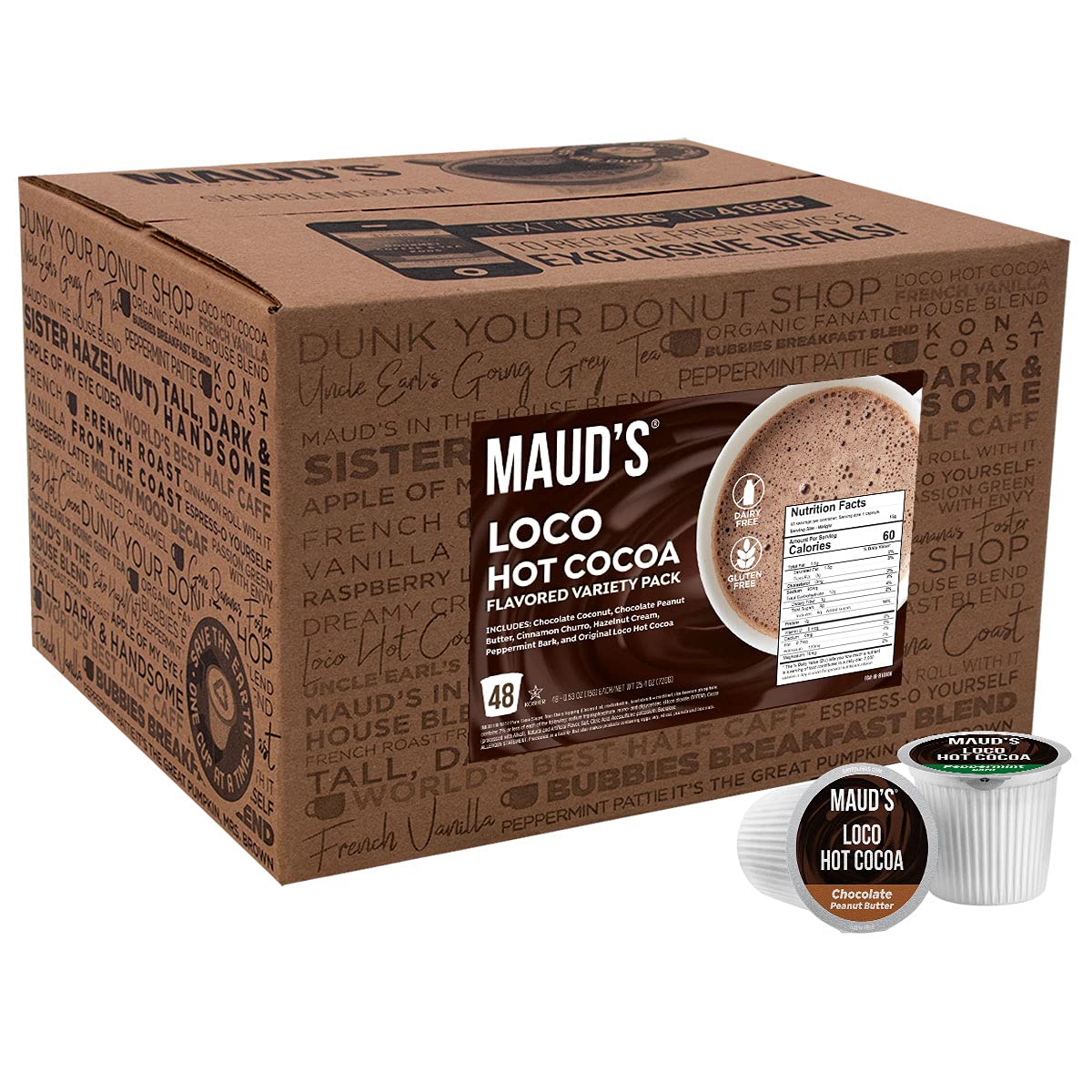 Maud-s Flavored Hot Chocolate Variety Pack. 48ct. Solar Energy Produced Recyclable Single Serve Gluten & Dairy Free Flavored Hot Cocoa Pods. 100% California Blended Hot Cocoa Variety. KCup Compatible