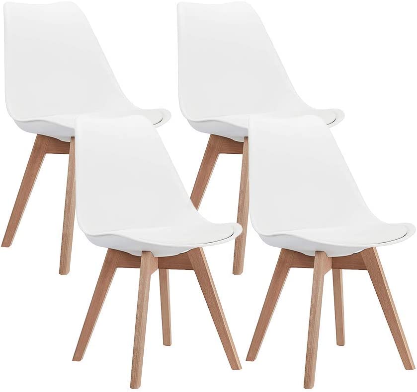 CangLong Modern Dining Chair Set. Soft Padded Shell Chair with Wood Legs for Kitchen. Dining. Bedroom. Living Room - Set of 4. White