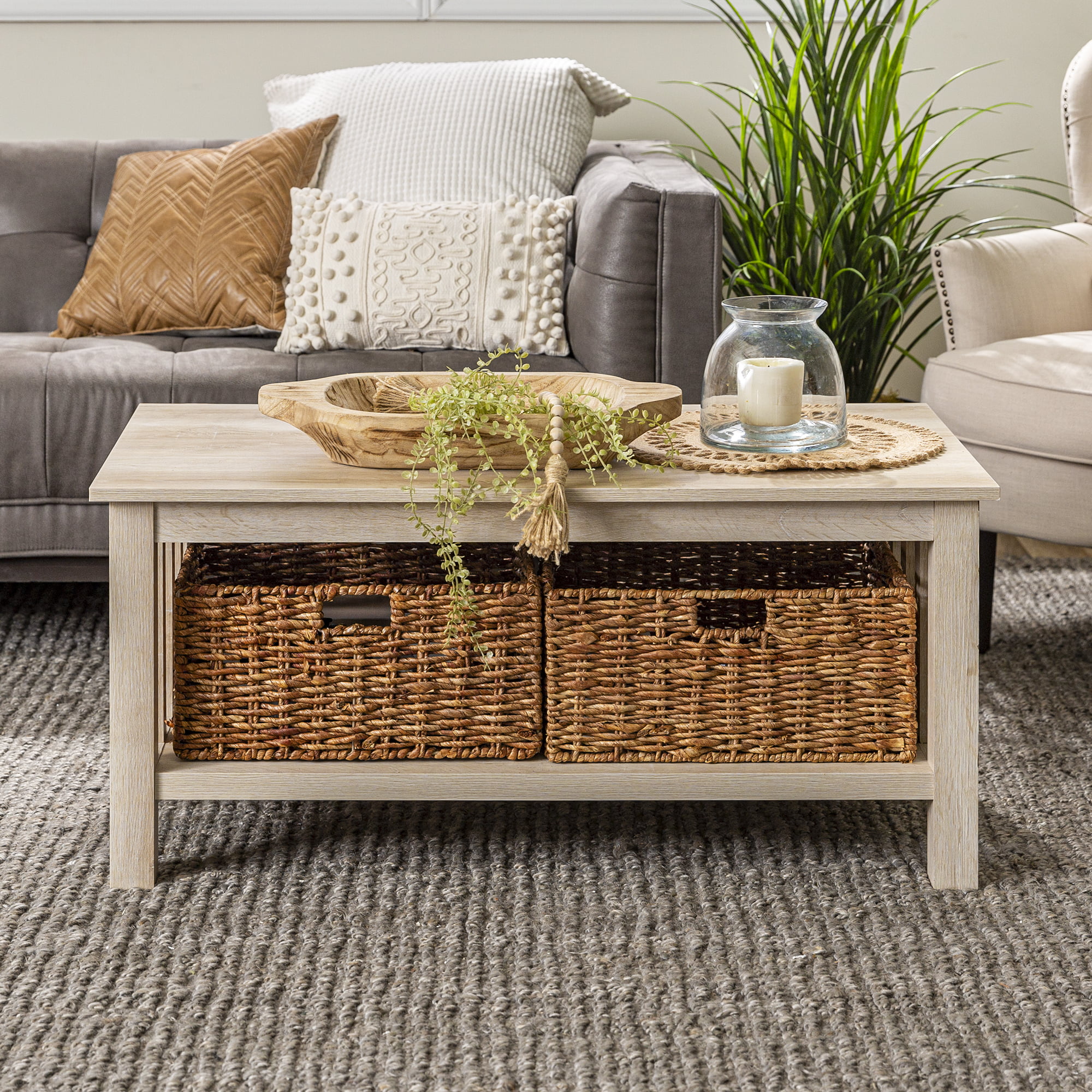 Woven Paths Traditional Storage Coffee Table with Bins. White Oak