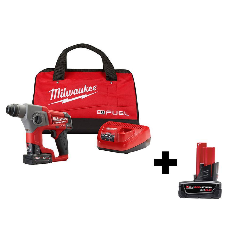 Milwaukee 2416-21XC-48-11-2460 M12 FUEL 12V Lithium-Ion Brushless Cordless 5/8 in. SDS-Plus Rotary Hammer Kit with 6.0Ah Battery