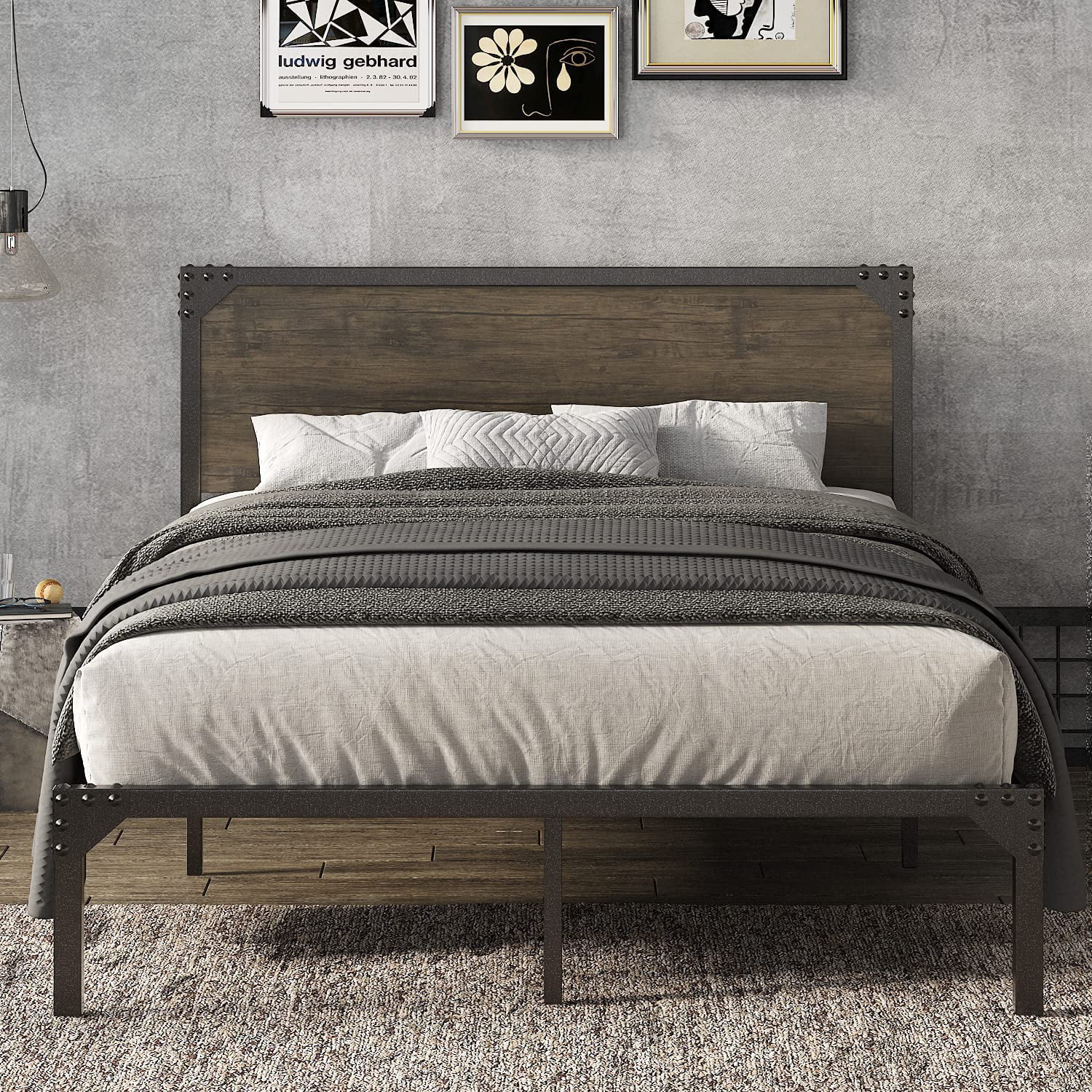 Allewie Queen Size Industrial Bed Frame with Wooden Rivet Headboard. Strong Steel Slat Support