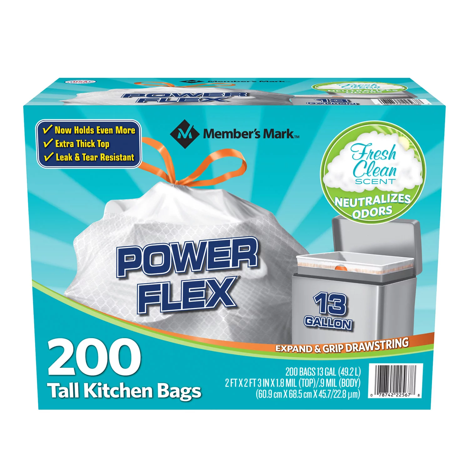 Member-s Mark Power Flex Tall Kitchen Drawstring Trash Bags. Fresh Clean (13 gal.. 200 ct.)