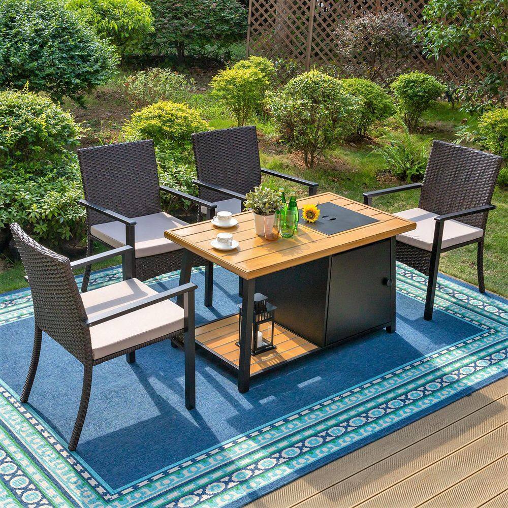 PHI VILLA  5-Piece Patio Fire Pit Set 4 Rattan Chairs with Beige Cushions