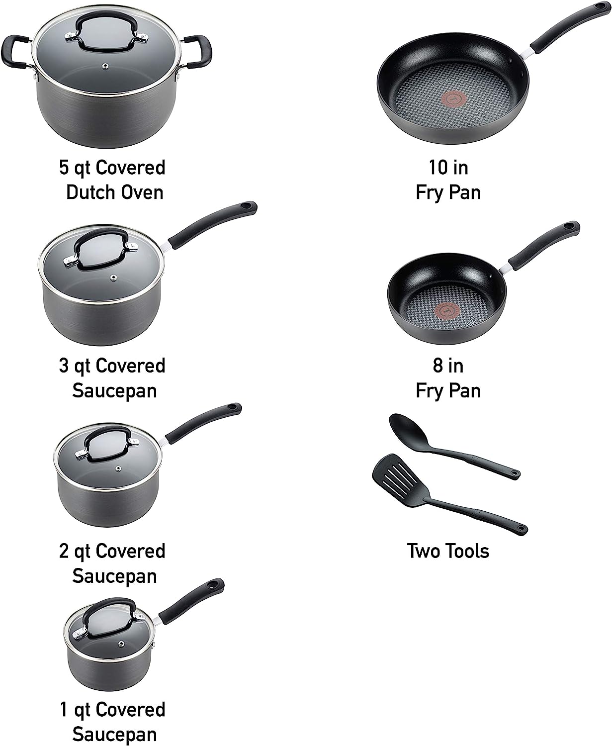 T-fal Ultimate Hard Anodized Nonstick Cookware Set 12 Piece Pots and Pans. Dishwasher Safe Grey