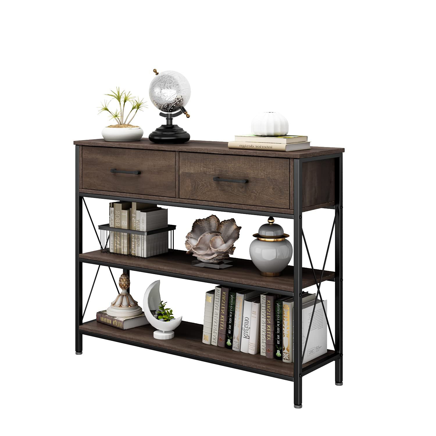 Homfa Console Table with Drawers. Entryway Table with Storage Shelves. 39.4” Narrow Hallway Sofa Table for Living Room. Dark Brown