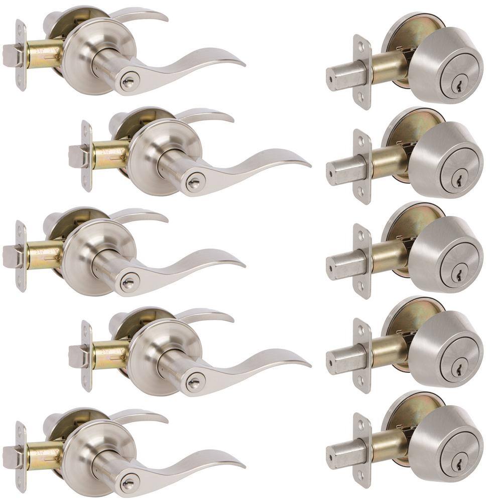 DELANEY HARDWARE KIT#BN3001R-PP 5-Bennett Satin Nickel Entry Door Handles and 5-Satin Nickel Single Cylinder Deadbolt All Keyed Alike