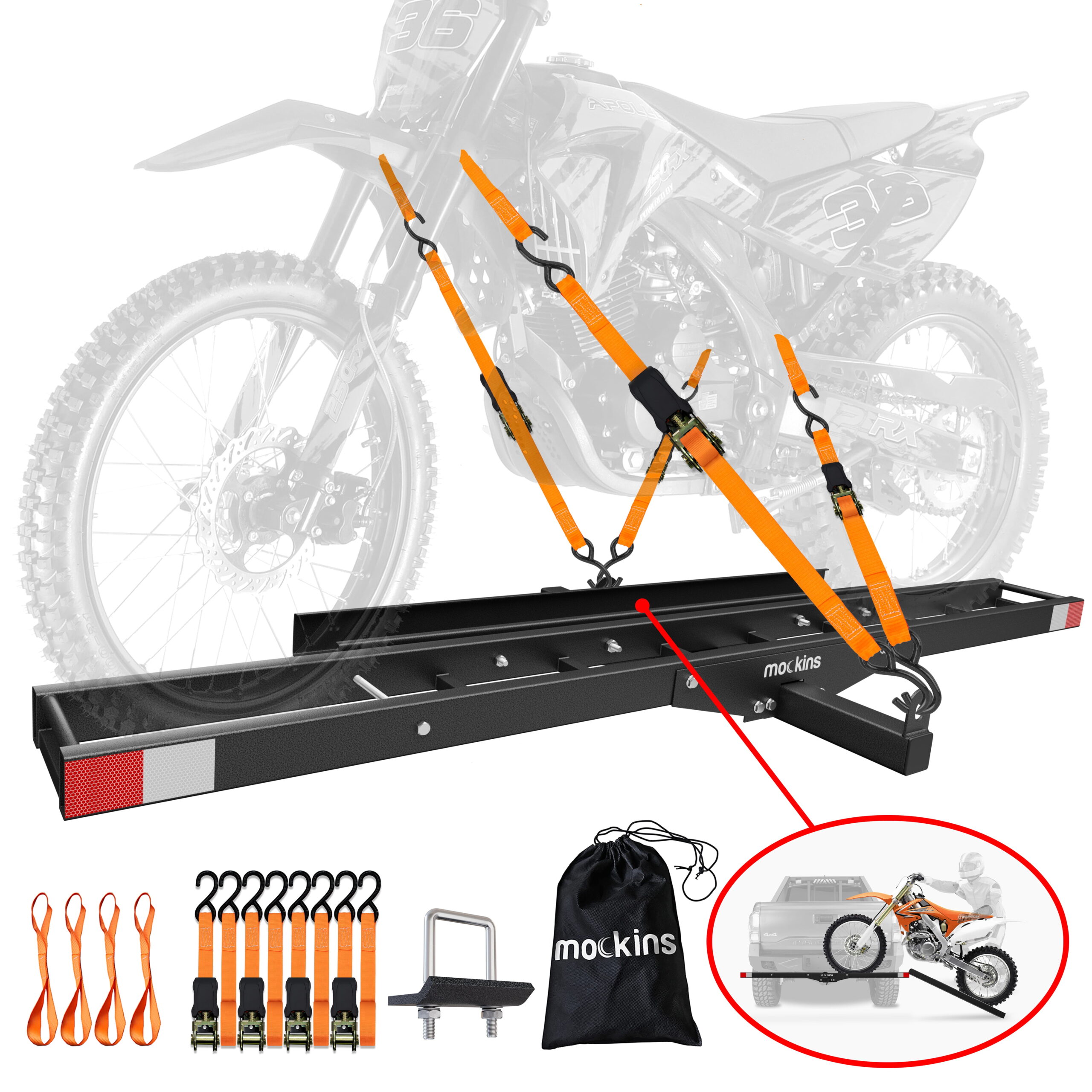 Mockins 73″ Black Steel Hitch Carrier for Dirt Bikes with Loading Ramp and Accessories | Anti-Rust Motorcycle Carrier Holds 500 lbs.
