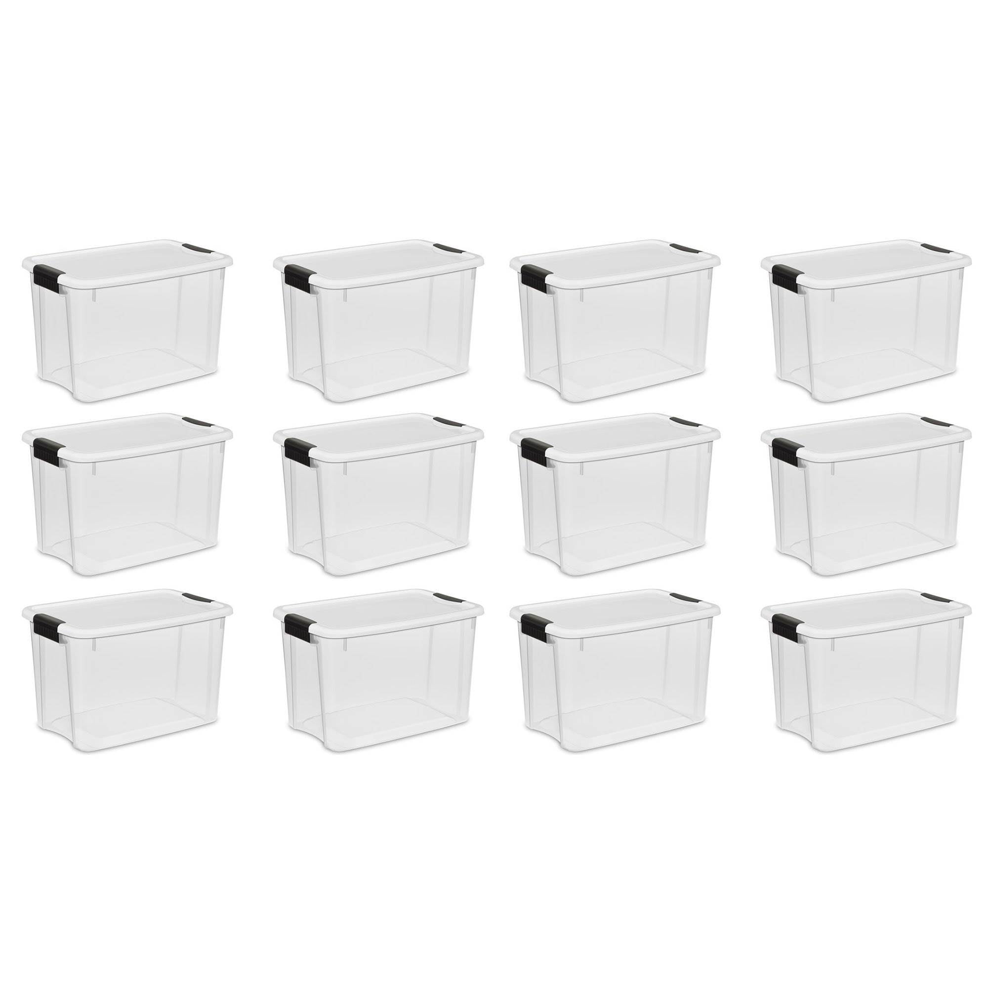 Sterilite 30 Quart Clear Plastic Storage Bin with White Latch Lid. 12 Pack