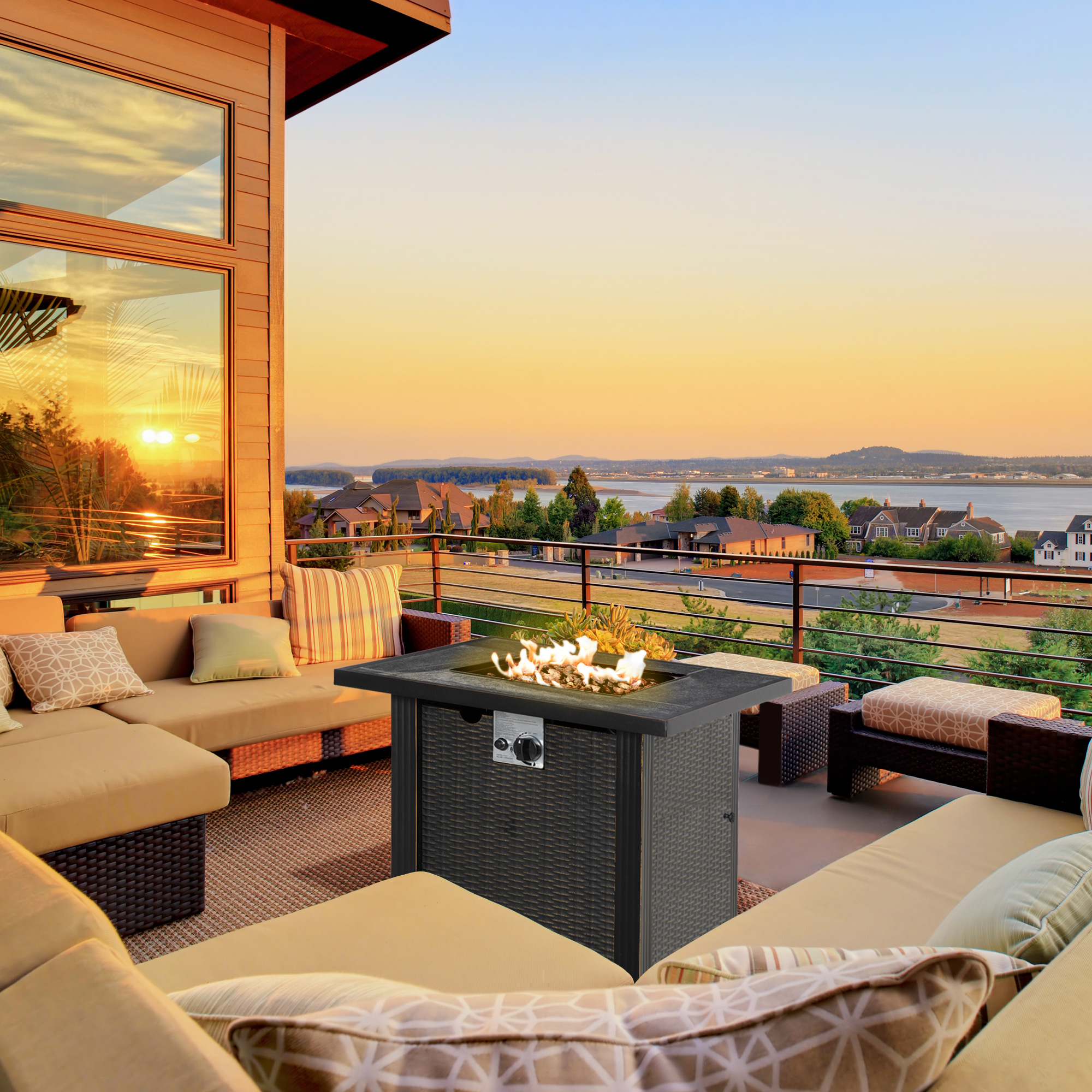 Outsunny 30 Inch Outdoor Propane Gas Fire Pit Table. 50.000 BTU Auto-Ignition Square Wicker-effect Gas Firepit. CSA Certification