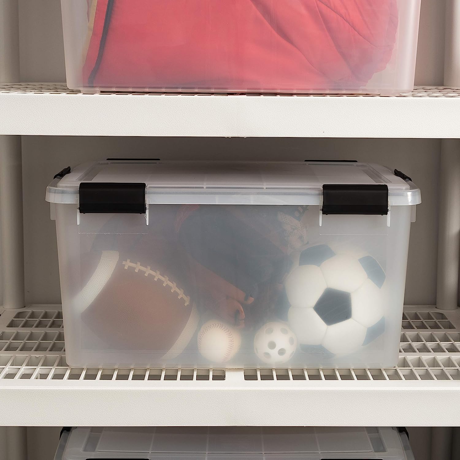 IRIS USA 62.8 Quart WEATHERPRO Plastic Storage Box with Durable Lid and Seal and Secure Latching Buckles. Weathertight. Clear with Black Buckles. 2 Pack