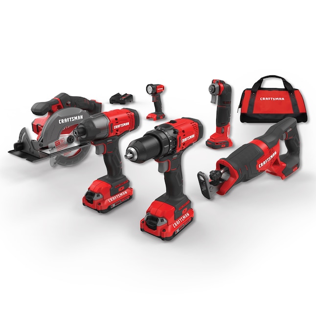 CRAFTSMAN CMCK600D2 V20 6-Tool 20-volt Max Power Tool Combo Kit with Soft Case (2 Li-ion Batteries Included and Charger Included)