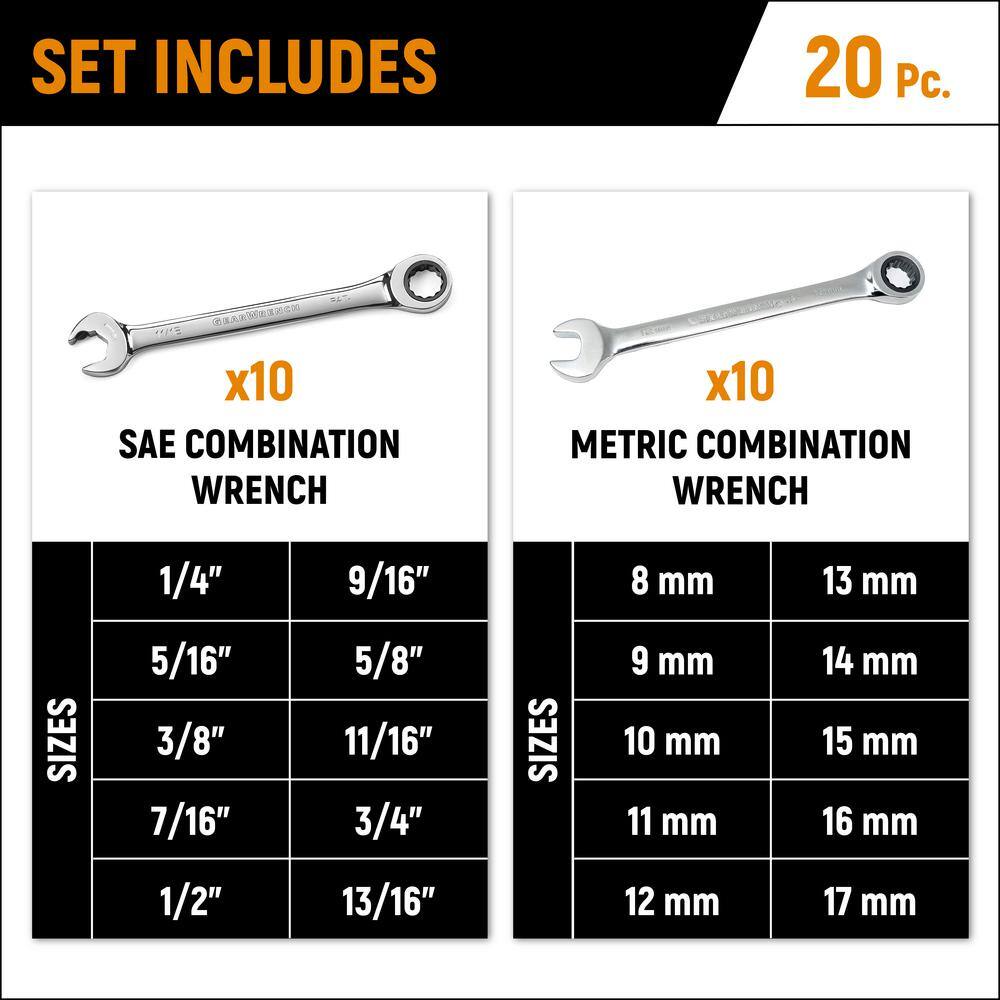 GEARWRENCH 35720-06 20-Piece SAE/Metric Ratcheting Combination Wrench Set