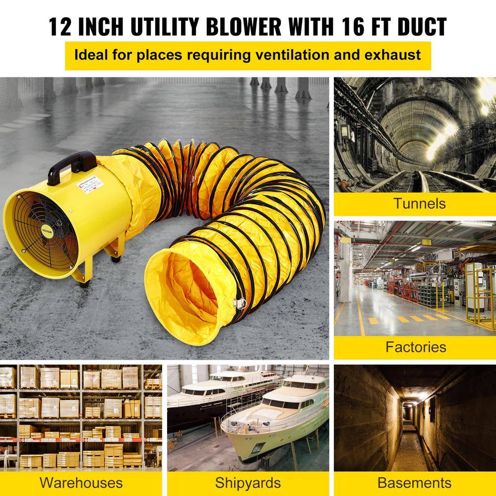 VEVOR GYGFJST12CSSCD5M1V1 Pivoting Utility Blower Fan 12 in. 550 Watt 1471 and 2295 CFM Portable Ventilator with 16 ft. Duct Hose for Exhausting