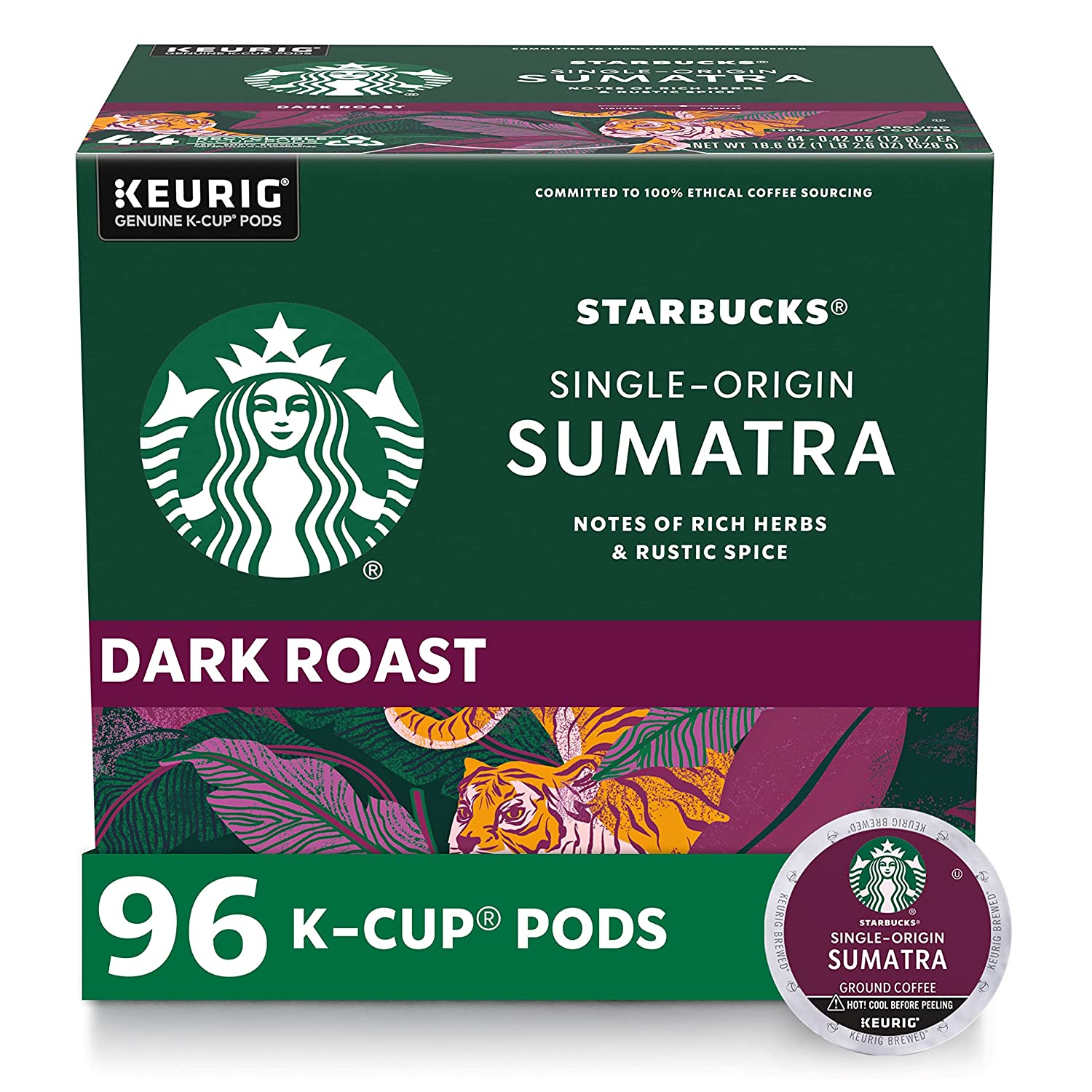 Starbucks K-Cup Coffee Pods. Dark Roast Coffee. Sumatra for Keurig Brewers 100% Arabica. 4 boxes (96 pods total)