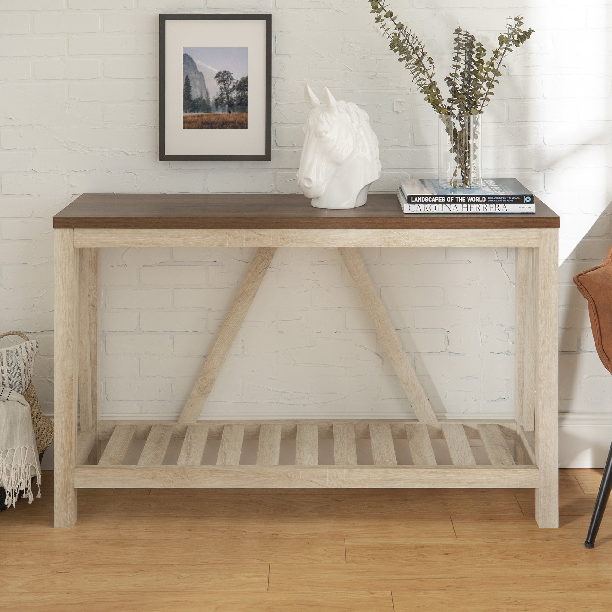 Manor Park Modern Farmhouse and Oak Console Table. Dark Walnut/White Oak