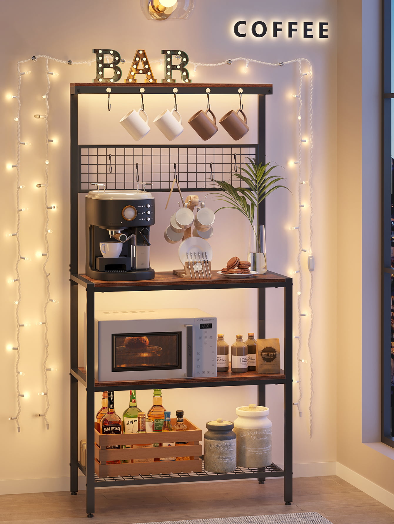 VASAGLE Kitchen Baker-s Rack Coffee Bar Storage Shelf Island Rack Microwave Stand with 10 Hooks 3 Shelves Rustic Brown and Black