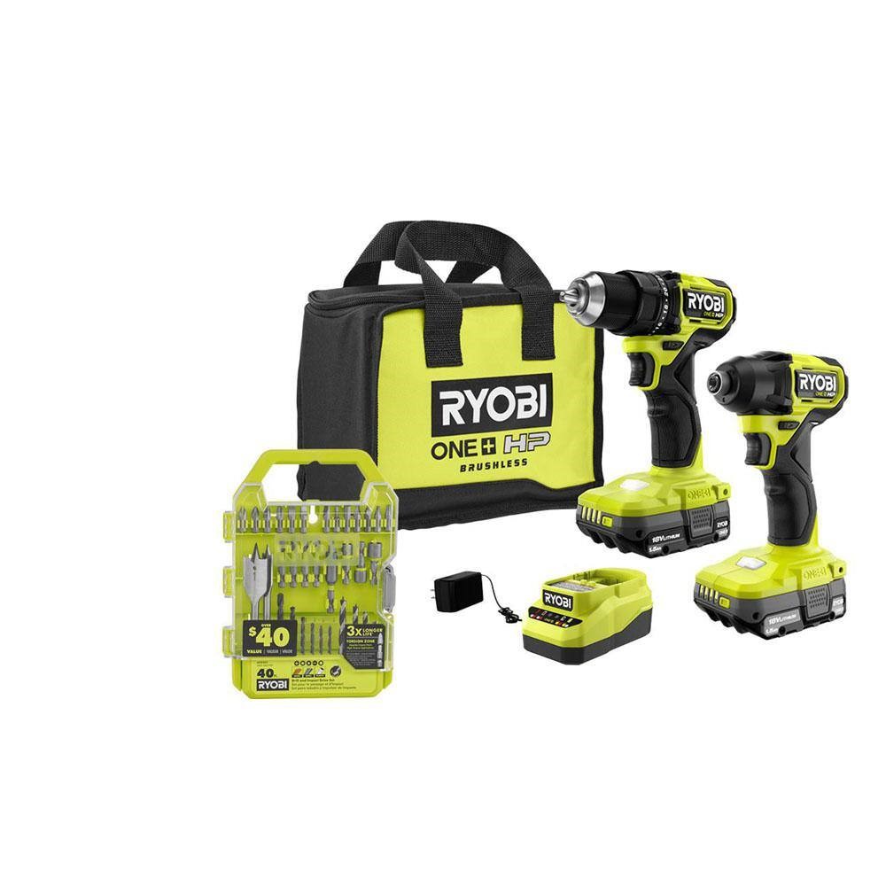 RYOBI PSBCK01K-A98401 ONE+ HP 18V Brushless Cordless Compact 2-Tool Combo Kit w/Drill. Impact Driver. Batteries. Charger. Bag. & 40PC Bit Set