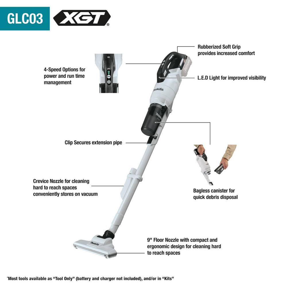 Makita GLC03Z 40V max XGT Brushless Cordless Cyclonic 4-Speed HEPA Filter Compact Stick Vacuum. Tool Only
