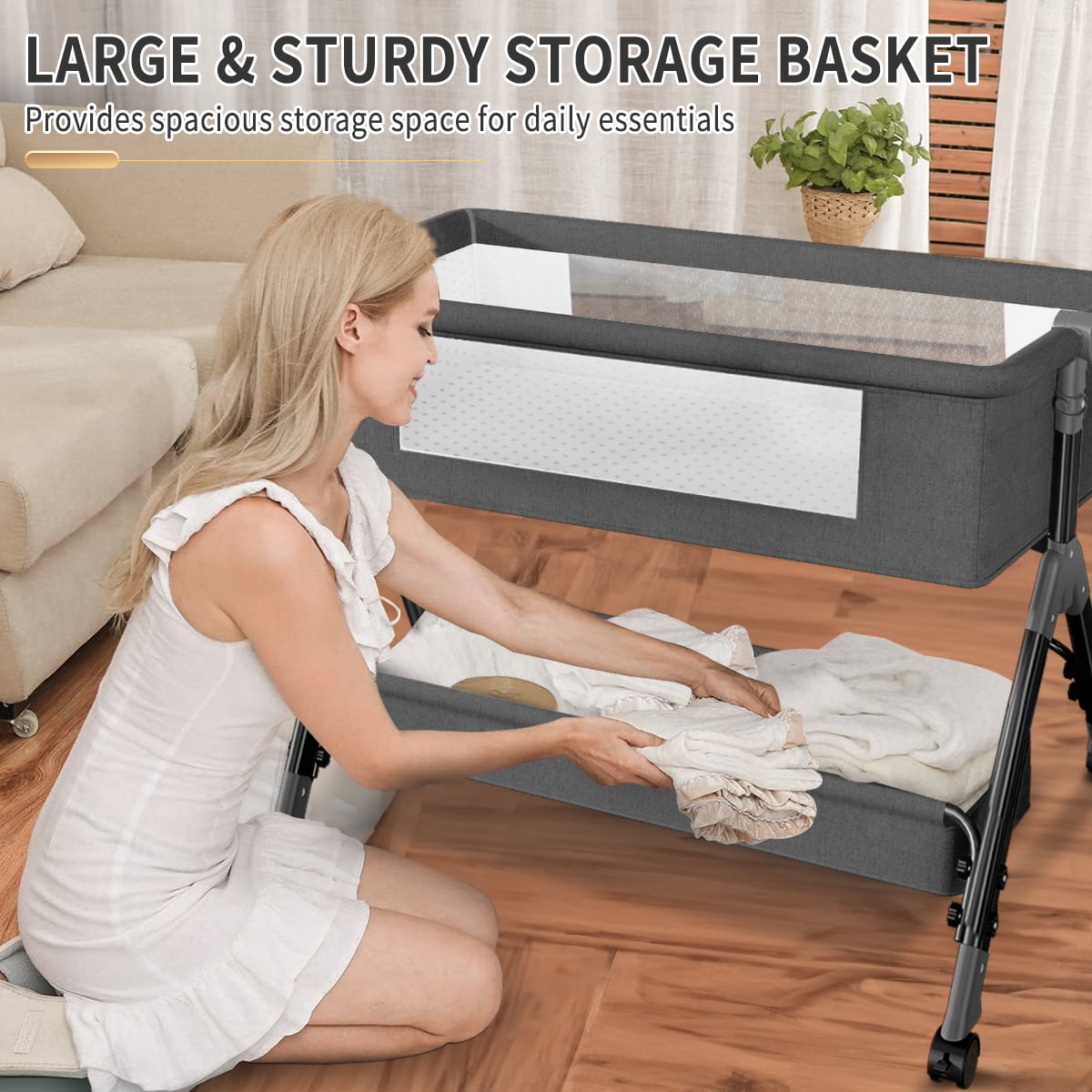 Baby Bassinet. HDJ Bedside sleeper Bassinet with Storage Basket for Infant. Bedside Crib for 0-6 Months. Dark Gray