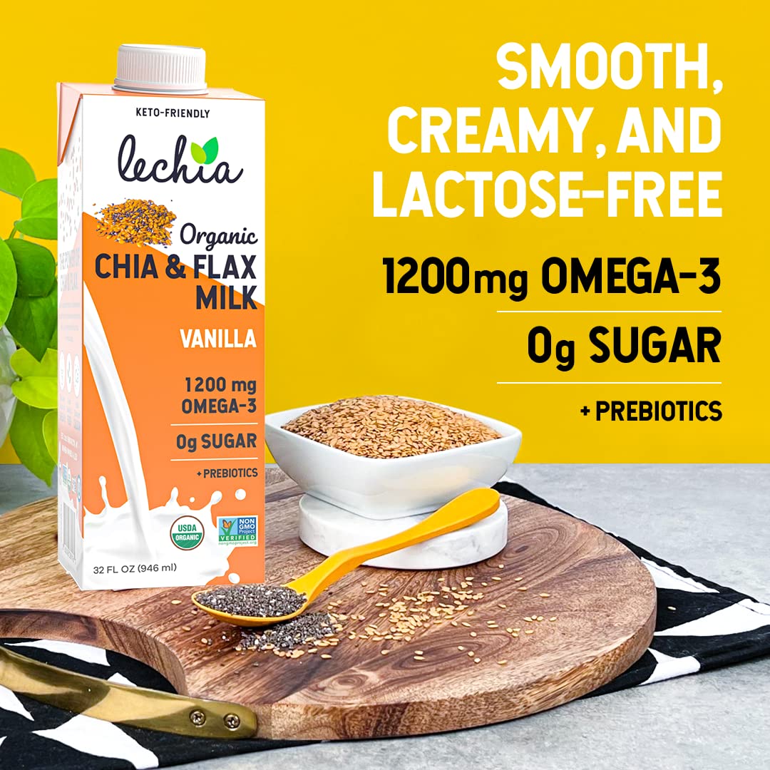 Lechia Organic Chia & Flax Milk Vanilla. 1200mg Omega-3. Plant-Based. Keto. 32oz (6 Pack)