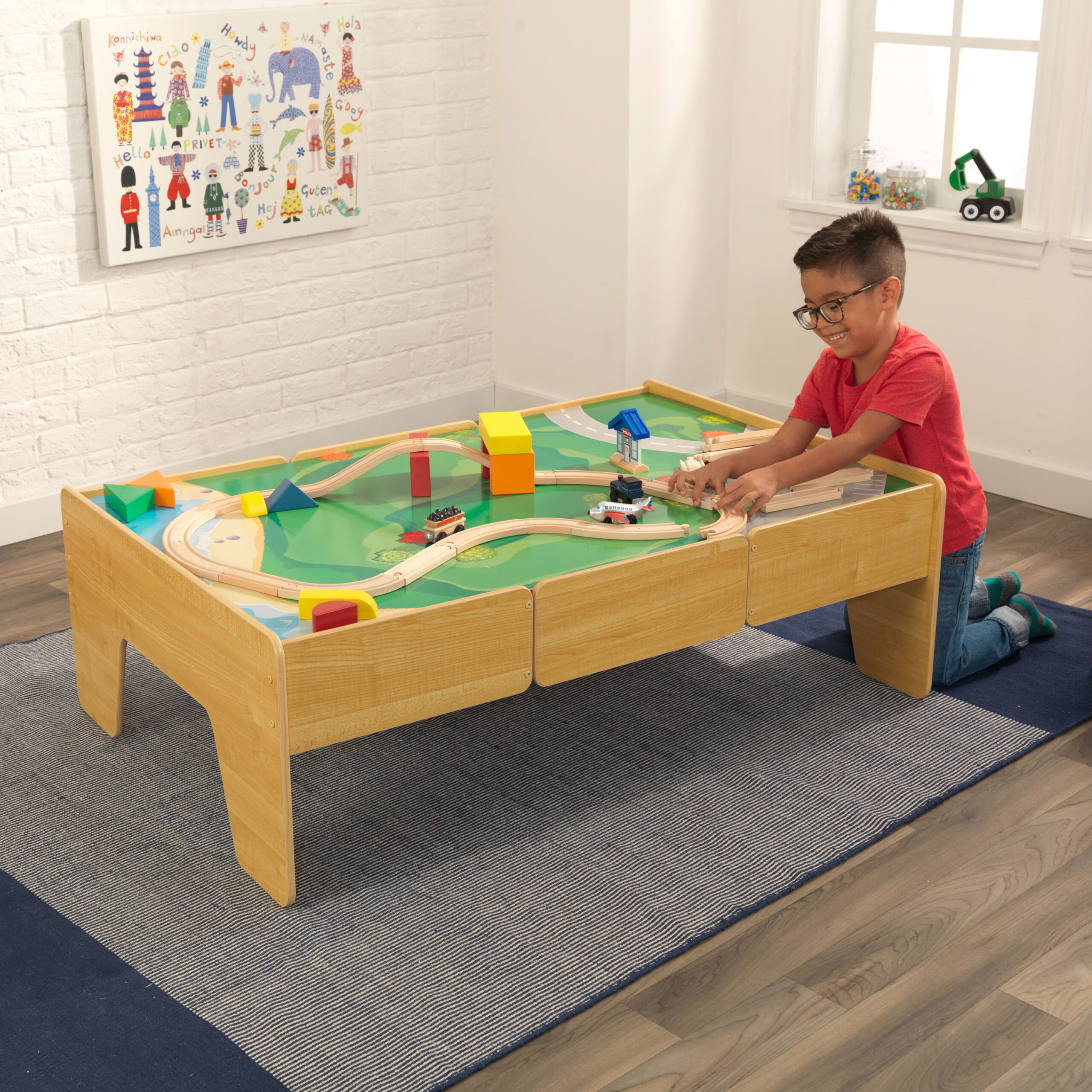 KidKraft Double-Sided Wood Train and Activity Table with Built-In Storage Drawer. Natural