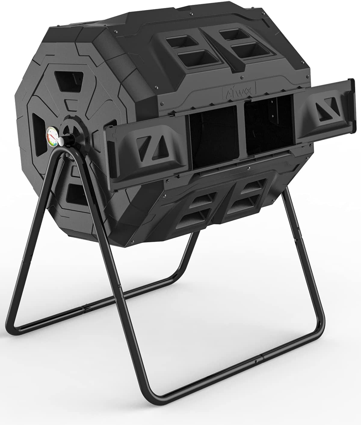 EJWOX 2021 Upgraded Tumbling Composter with Compost Thermometer - Dual Chamber Garden Compost Bin(43 Gal. Black)