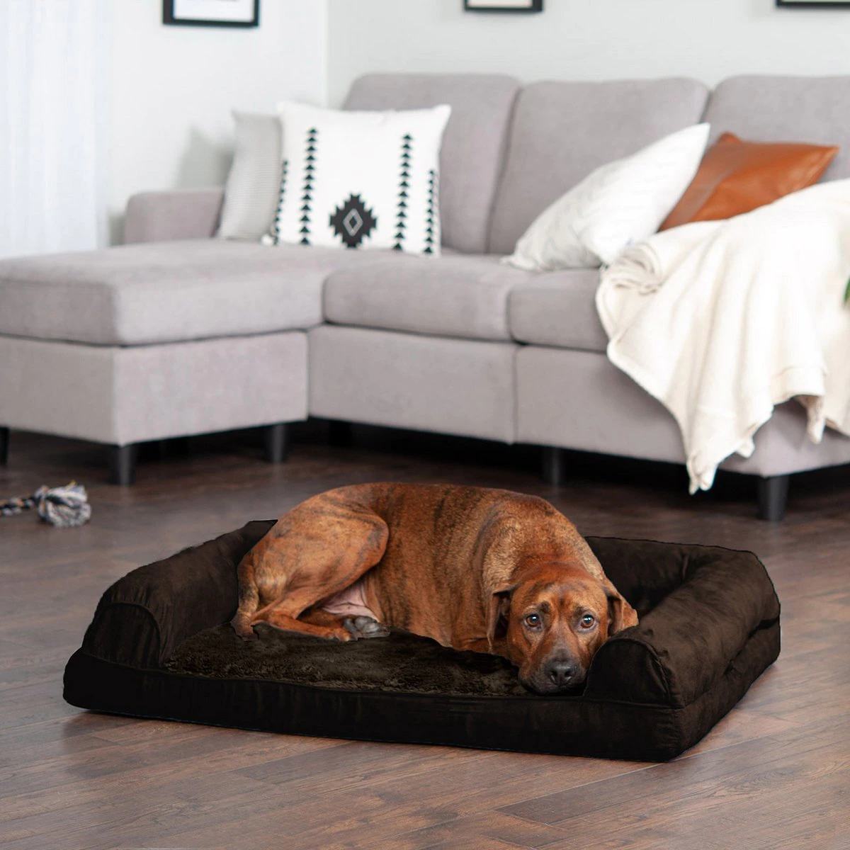 FurHaven Plush & Suede Full Support Orthopedic Sofa Dog & Cat Bed. Espresso. Large