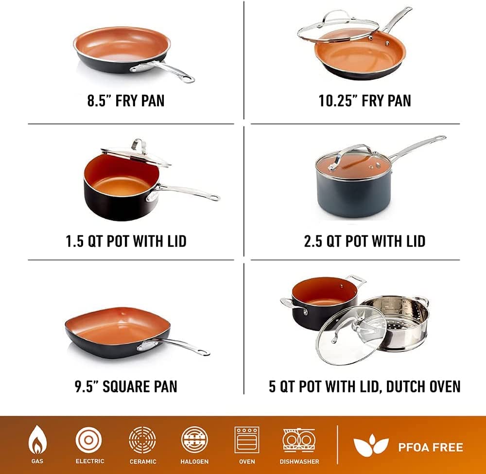 Gotham Steel Pots and Pans Set 12 Piece Cookware Set with Ultra Nonstick Ceramic Coating by Chef Daniel Green. 100% PFOA Free. Stay Cool Handles. Metal Utensil & Dishwasher Safe - 2023 Edition