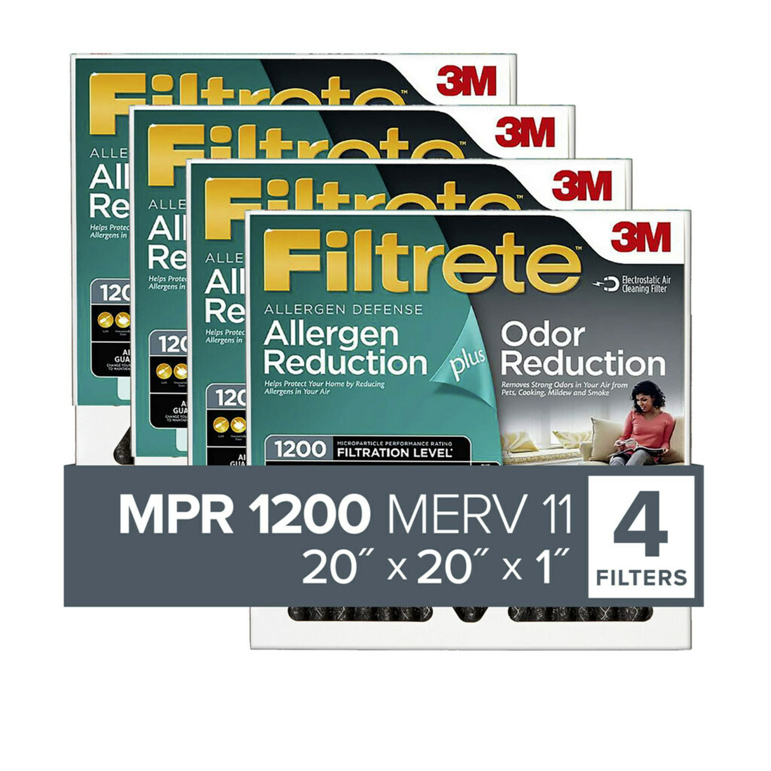 Filtrete by 3M 20x20x1. MERV 11. Allergen Plus Odor Reduction HVAC Furnace Air Filter. 1200 MPR. 4 Filters