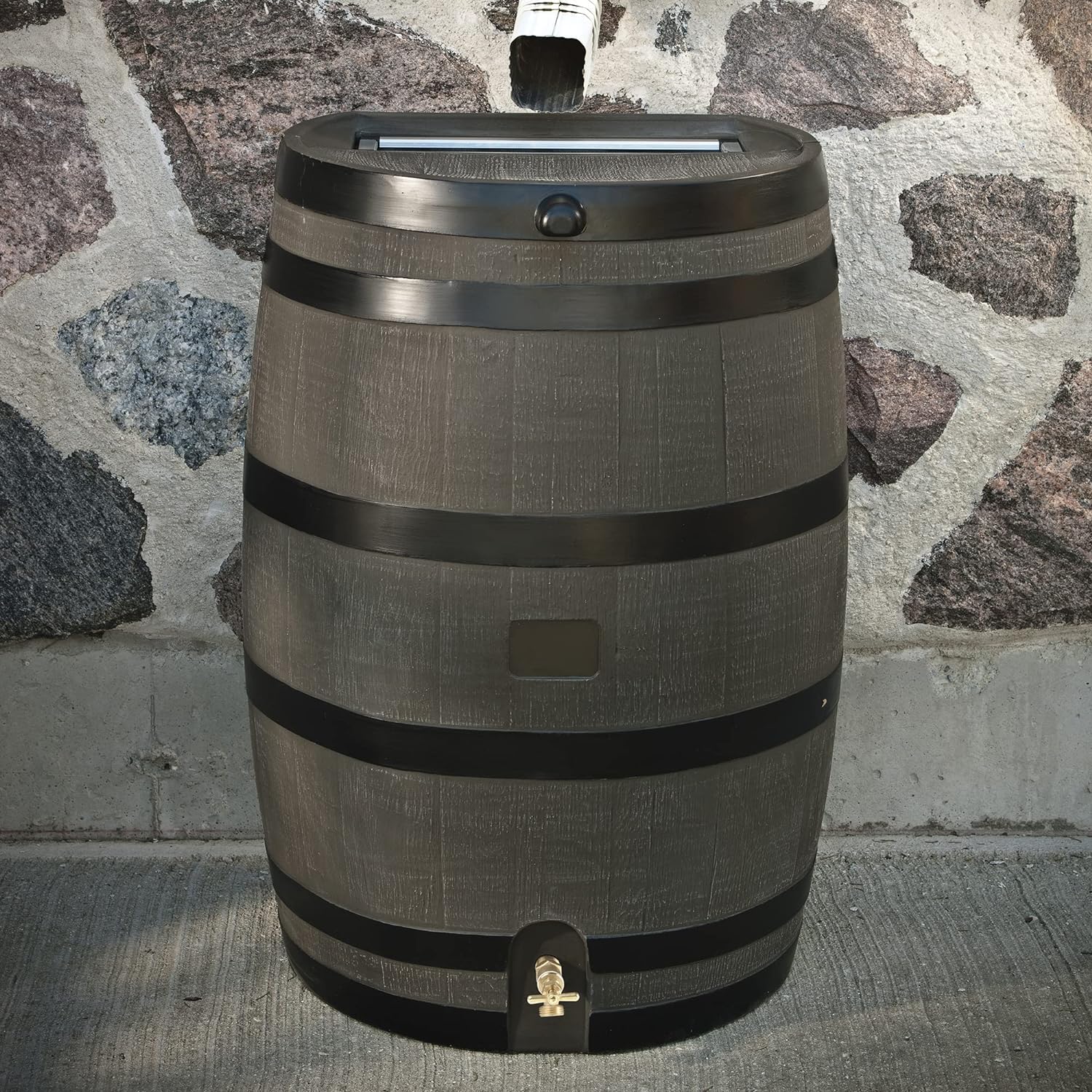 RTS Home Accents 5510-00653A-56-81. Brown and Black Polyethylene 50 Gallon Flat Back Rain Barrel. Color
