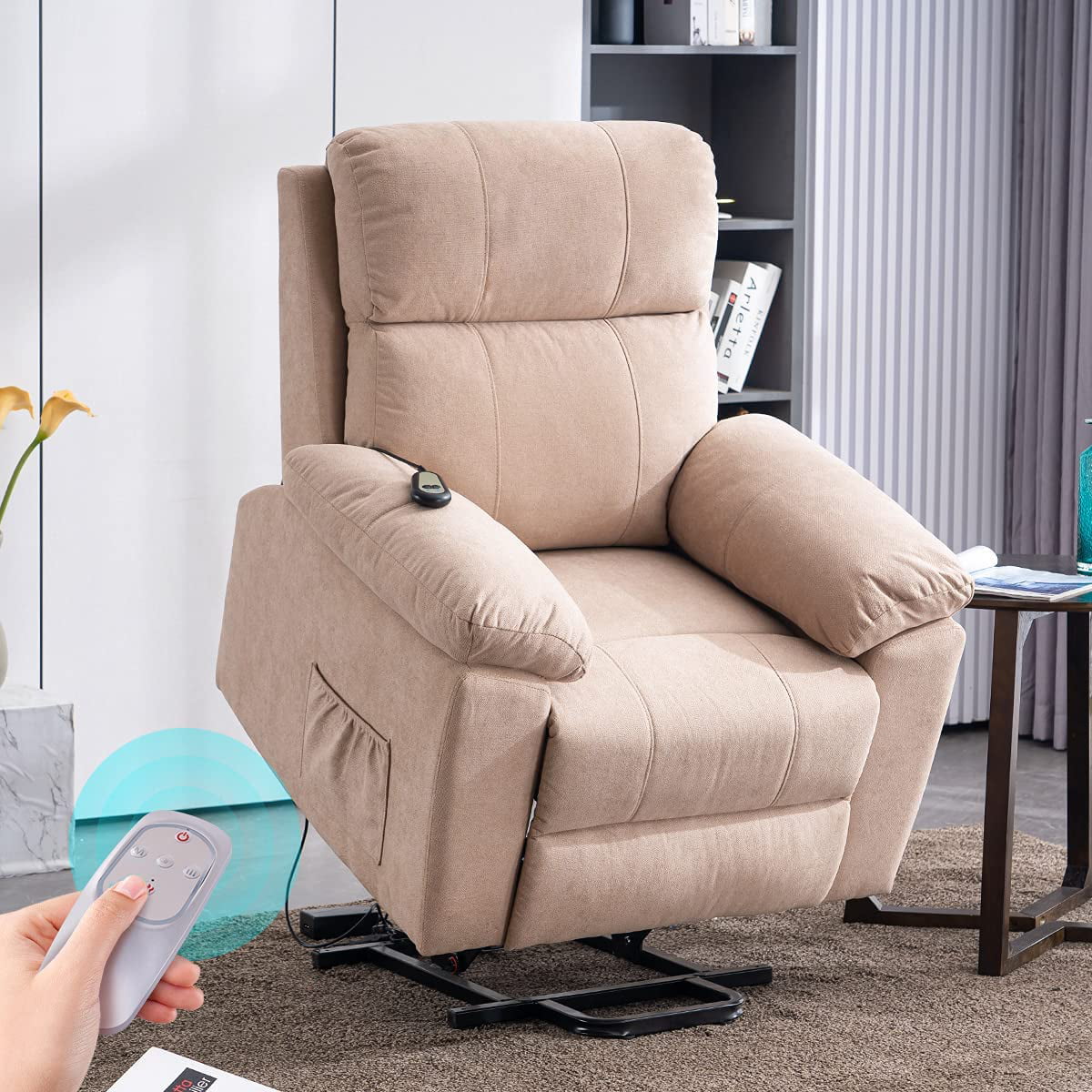 Erommy Power Lift Recliner Chair with Massage and Heat. Fabric Sofa Chairs with Wireless Remote Control and Side Pocket. Linen Camel