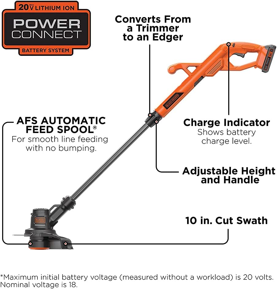BLACK+DECKER 20V MAX String Trimmer/Edger Kit. 10-Inch (LST201)
