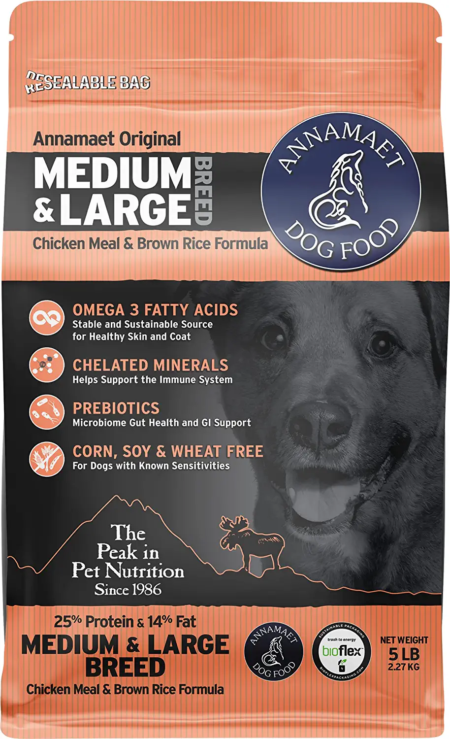 Annamaet Original Medium and Large Breed Formula Dry Dog Food. 25% Protein (Chicken & Brown Rice) - 5 lb. Bag