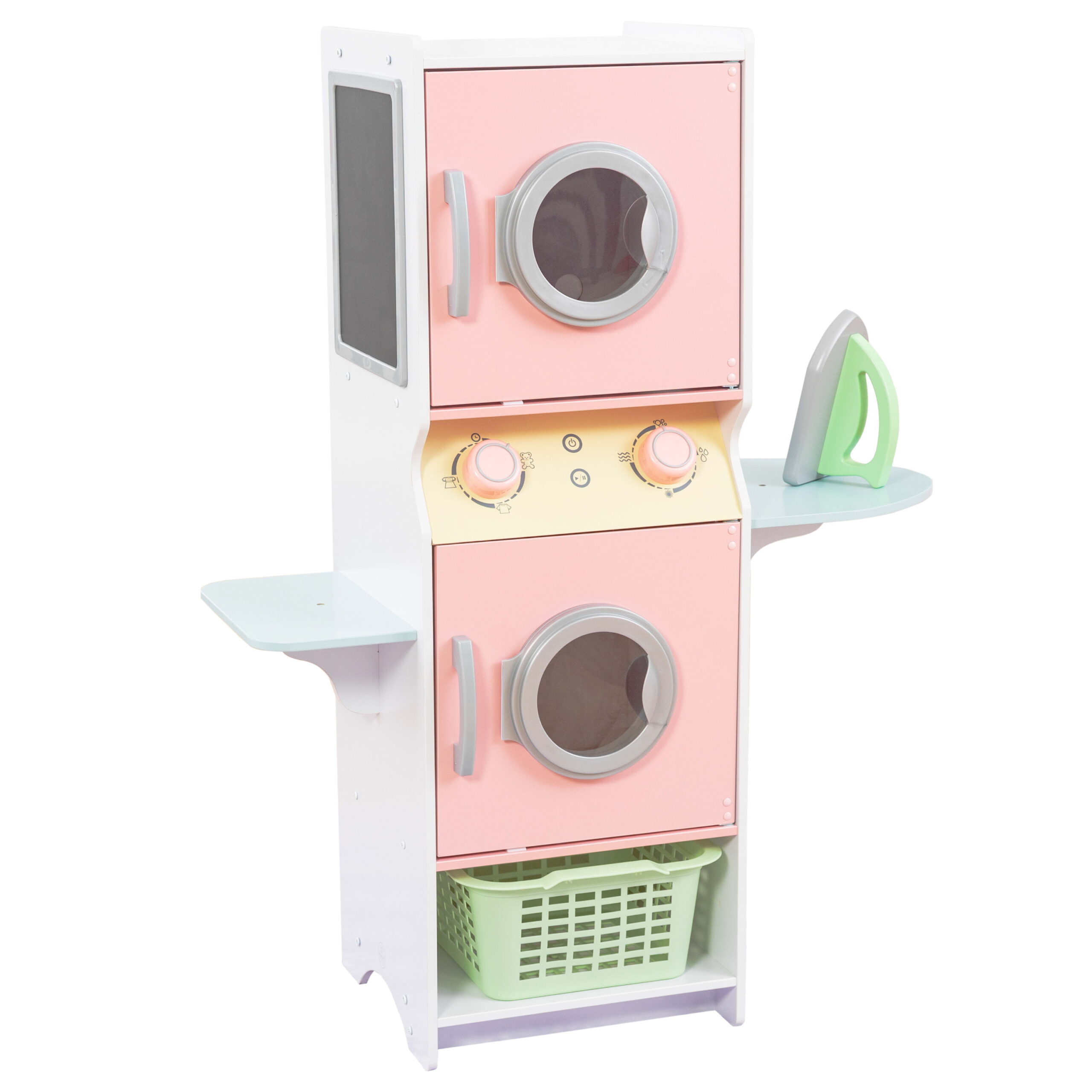 KidKraft Laundry Playset. Wooden Stacking Washer and Dryer with Iron and Basket. Pastel