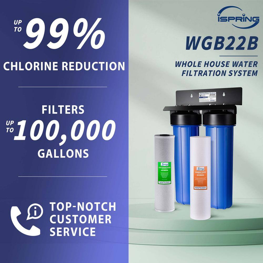 ISPRING WGB22B Whole House Water Filter System w/ Sediment and Carbon Block Filters. 2-Stage. Up to 100k Gal. Capacity