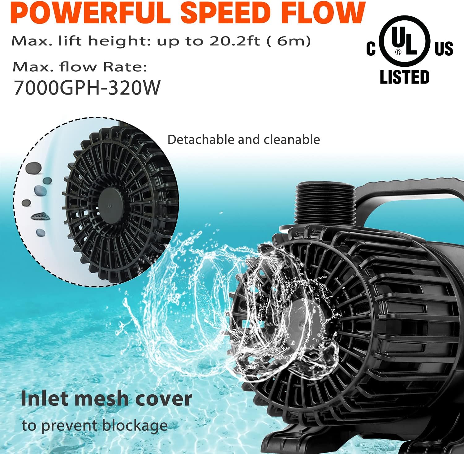 WaterRebirth (7000GPH-320W. UL listed) High Flow Submersible Water Pump - Pond Pump - Submersible Pump - Water Fountain Pump - Aquarium Pump.PS- 7000