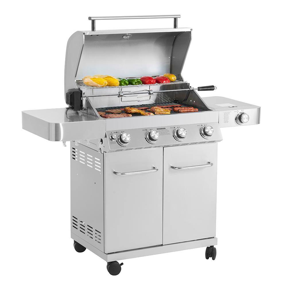 Monument Grills 17842 4-Burner Propane Gas Grill in Stainless with LED Controls. Side Burner and Rotisserie Kit