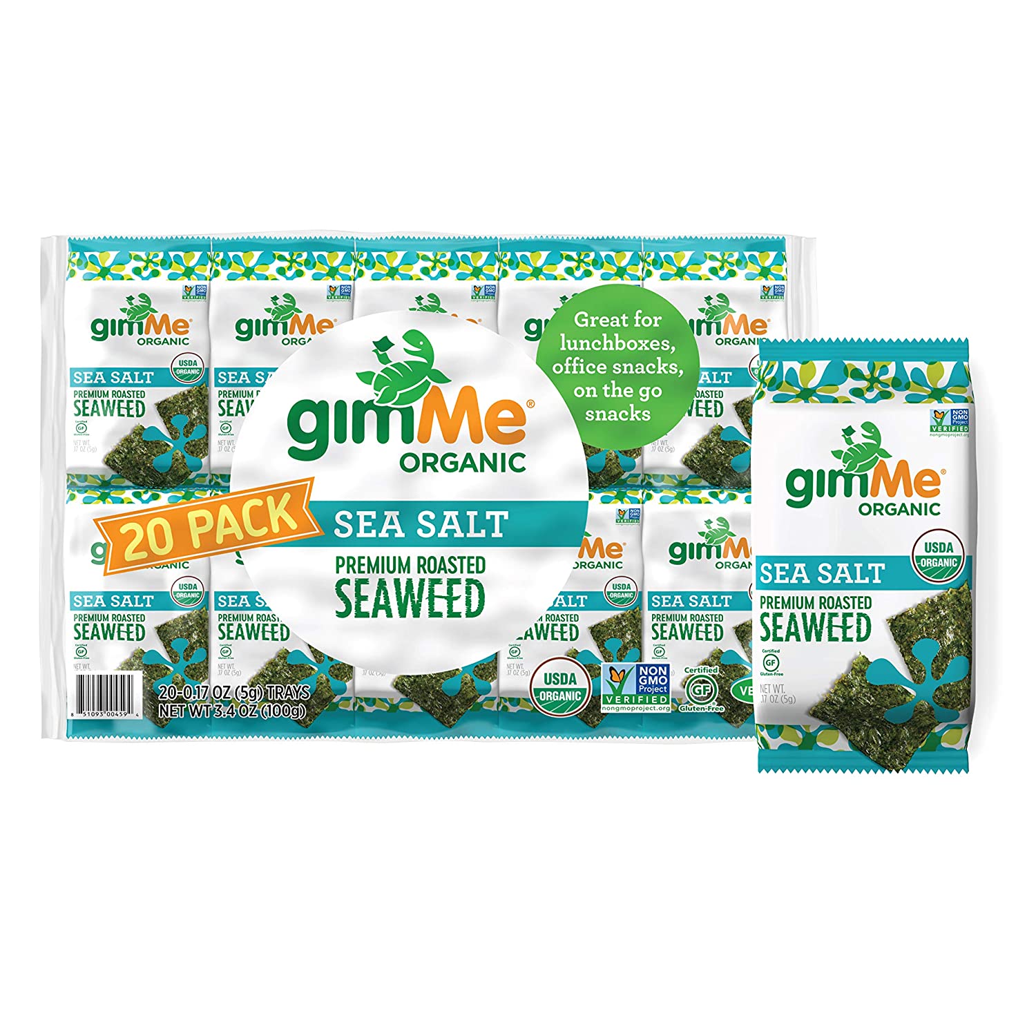 gimMe Organic Roasted Seaweed Sheets. Sea Salt. 20 Count. Sea Salt