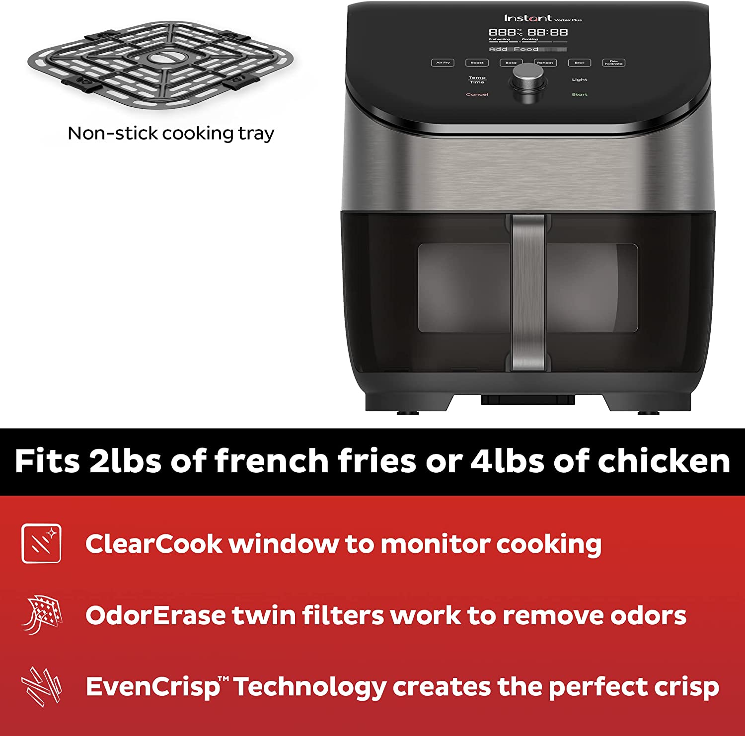 Instant Vortex Plus 6-Quart Air Fryer Oven. From the Makers of Instant Pot with Odor Erase Technology. ClearCook Cooking Window. App with over 100 Recipes. Single Basket. Stainless Steel