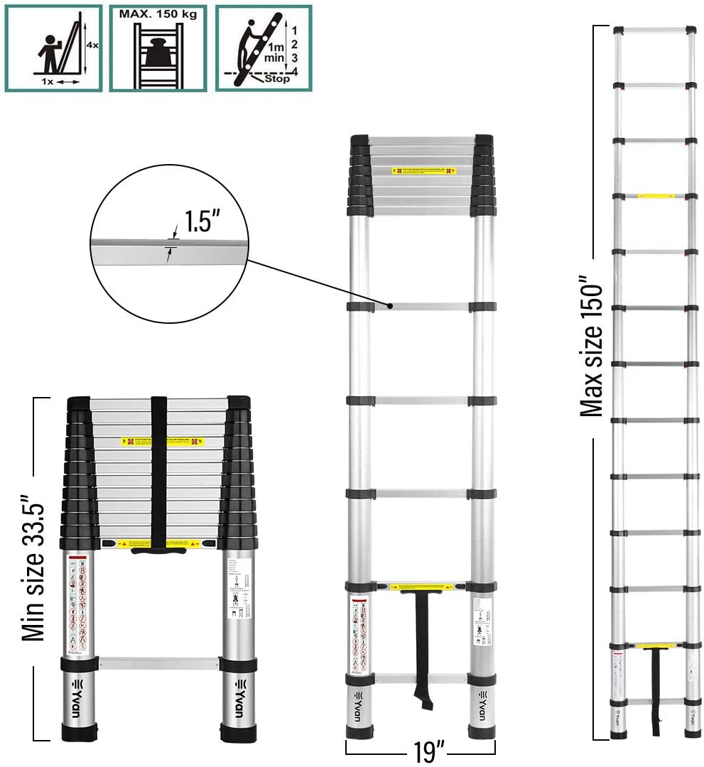 Yvan ‎TL-S180001 Telescoping Ladder.12.5 FT One Button Retraction Aluminum Telescopic Extension Extendable Ladder.Slow Down Design Multi-Purpose Ladder for Household Daily or Hobbies.250 Lb Capacity