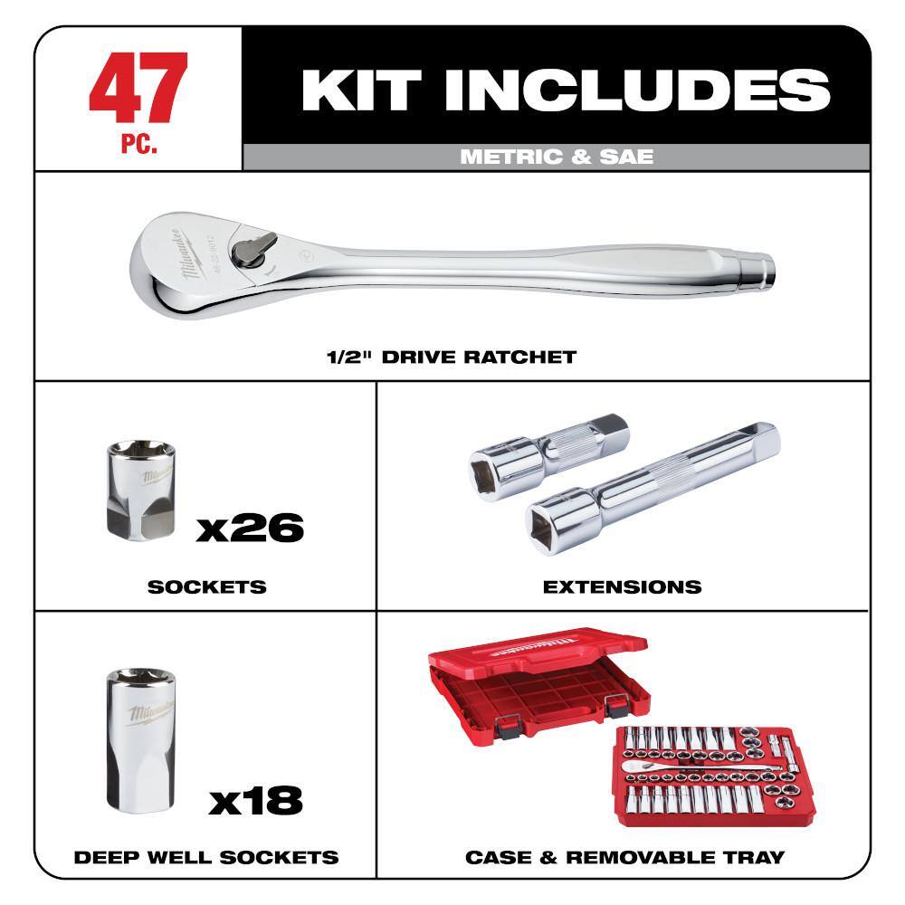 Milwaukee 48-22-9010 1/2 in. Drive SAE/Metric Ratchet and Socket Mechanics Tool Set (47-Piece)