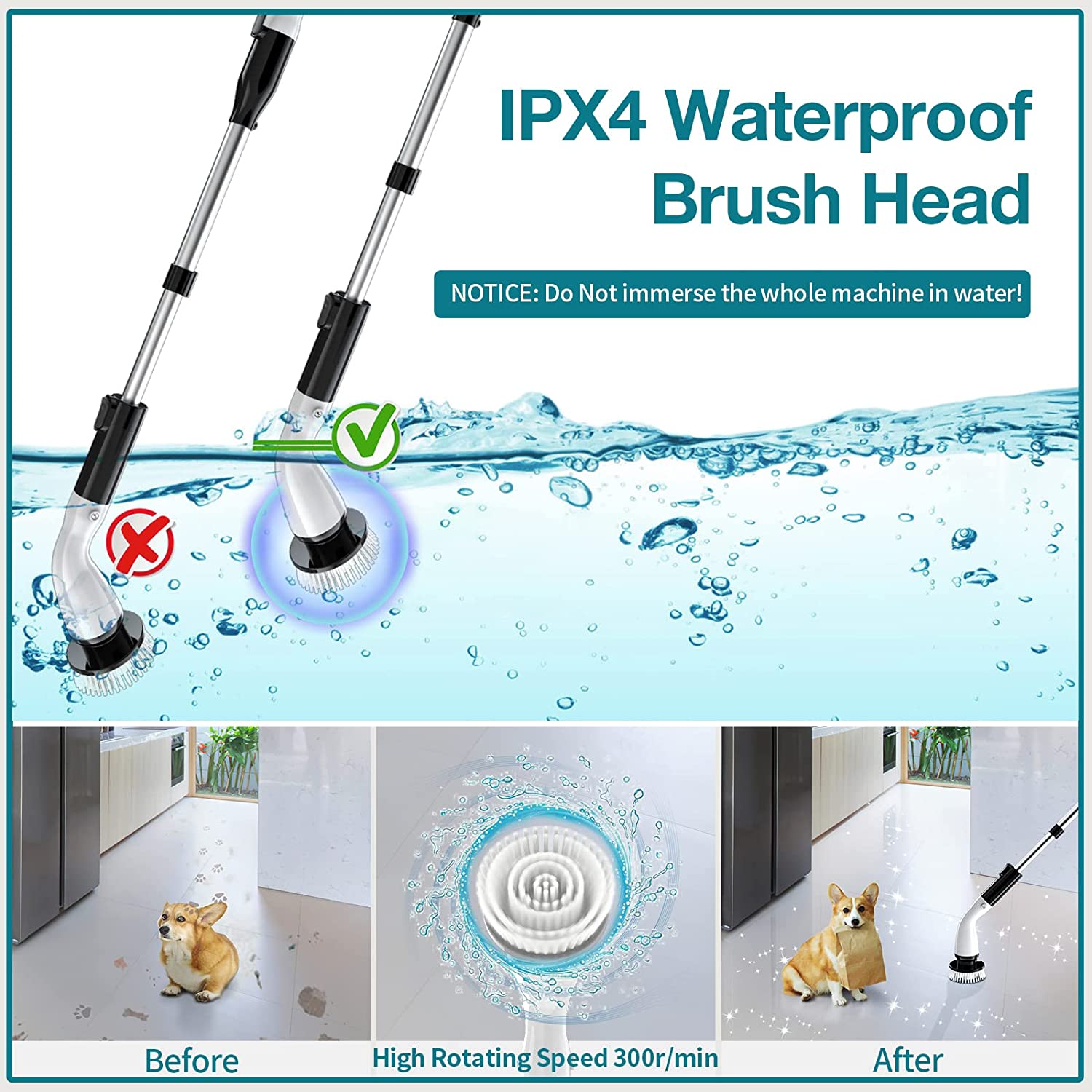 LABIGO Electric Spin Scrubber. with 4 Replaceable Brush Heads and Adjustable Extension Handle. Power Cordless Spin Scrubber for Bathroom Stone Tile Floor.Grout.Grooves(Black)