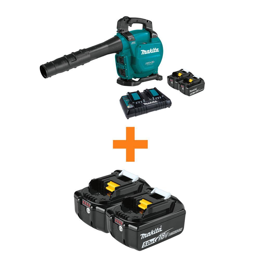 Makita XBU04PT-BL18502 120 MPH 473 CFM 18V X2 (36V) LXT Lithium-Ion Brushless Blower Kit (5.0 Ah) with bonus 18V LXT Battery Pack 5.0 Ah (2-Pk)