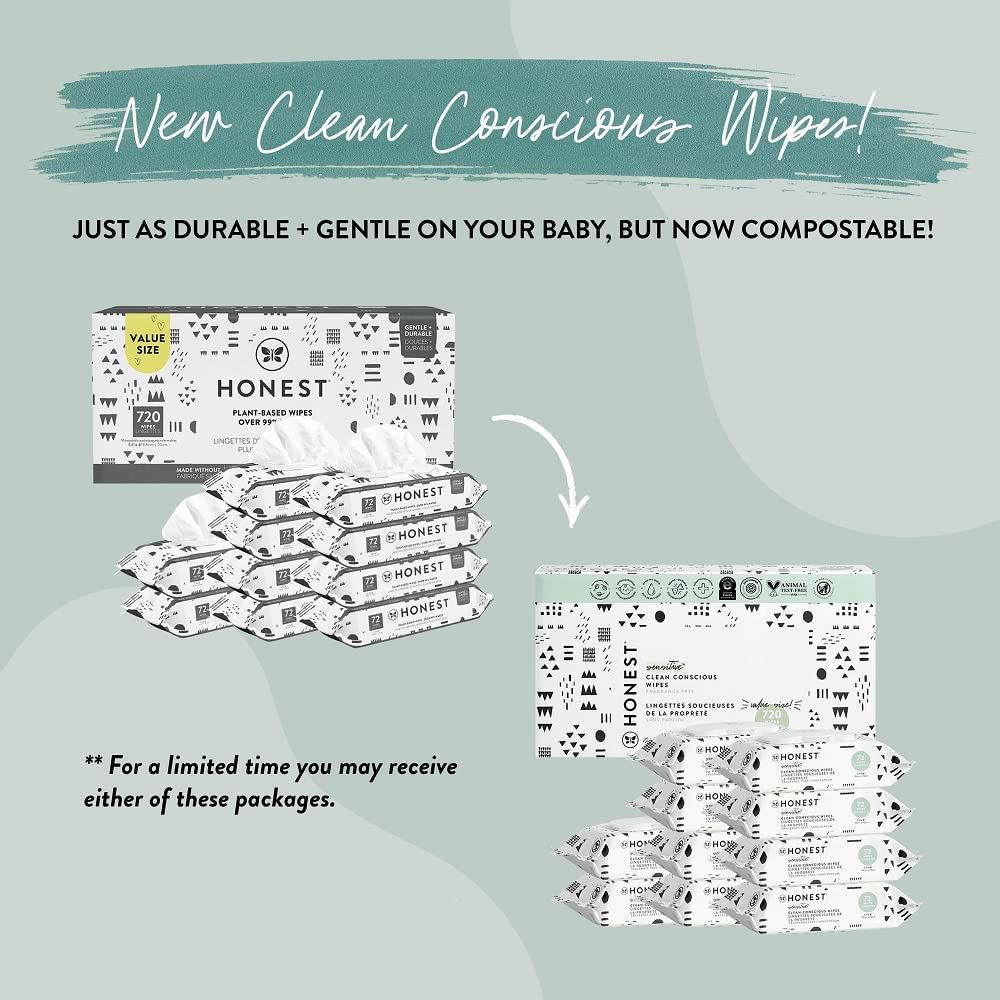 The Honest Company Clean Conscious Wipes | 99% Water. Compostable. Plant-Based. Baby Wipes | Hypoallergenic. EWG Verified | Pattern Play. 720 Count