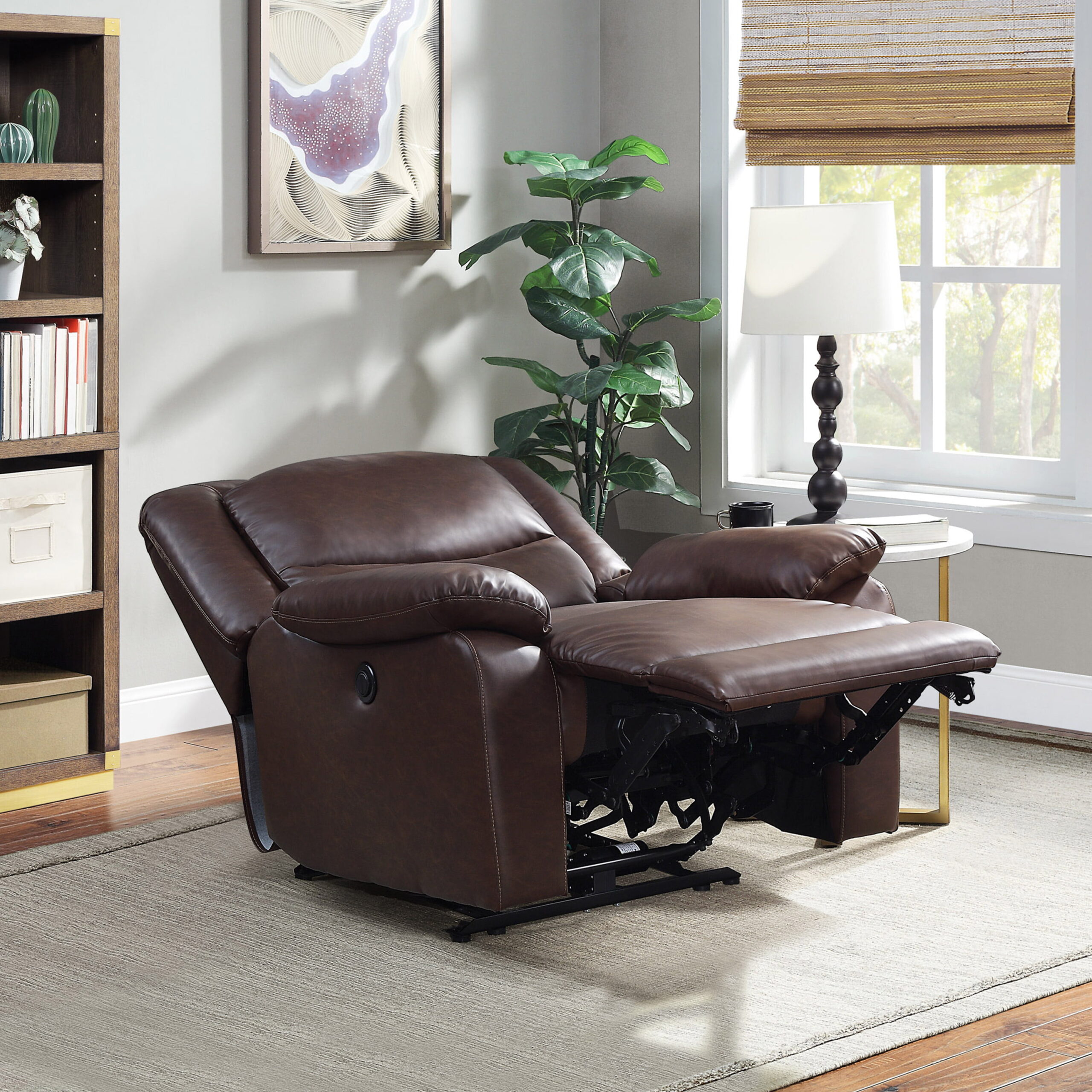 Serta Push-Button Power Recliner with Deep Body Cushions. Brown Faux Leather Upholstery