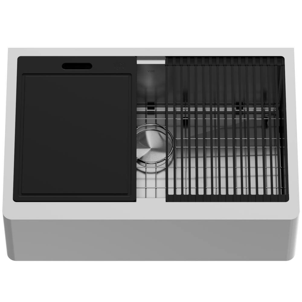 VIGO 1004816569 Oxford 30″ Single Bowl Workstation Undermount Stainless Steel Farmhouse Sink with Ledge and Accessories