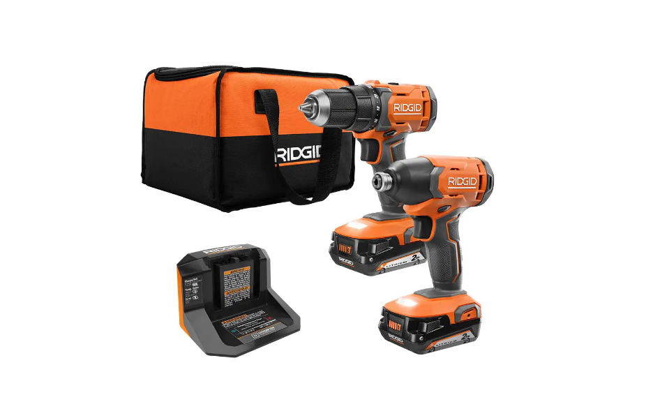 RIDGID R9272 18V Cordless 2-Tool Combo Kit with 1/2 in. Drill/Driver. 1/4 in. Impact Driver. (2) 2.0 Ah Batteries. Charger. and Bag