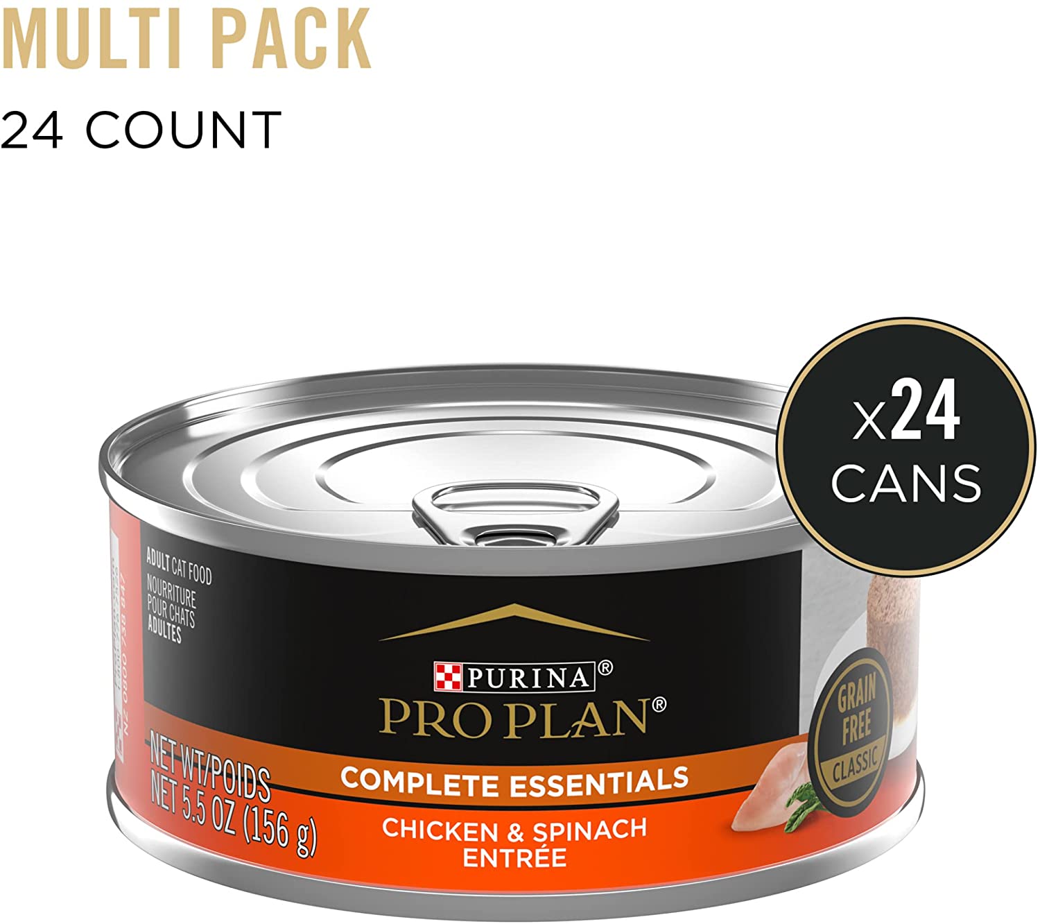 Purina Pro Plan Grain Free Pate Wet Cat Food. COMPLETE ESSENTIALS Chicken Spinach Entree Classic - (24) 5.5 oz. Cans